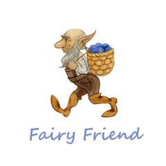 Watercolor illustration of a cute little fairy gnome carrying straw basket with blueberry