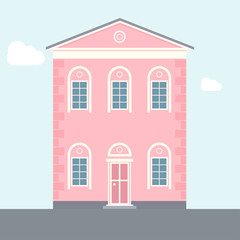 Two-storey house. Pink flat apartment building. Old architecture