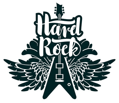 Vector banner with inscription Hard rock, with electric guitar and wings. Black and white illustration, can be used for flyers, posters, t-shirt design, tattoo, icon, logo
