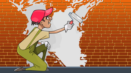 cartoon plasterer paints a brick wall with white paint