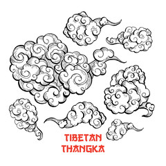 Brown clouds and wind blows hand drawn vector illustration. Smoke ink pen clipart. Chinese art abstract drawing with red calligraphic lettering. Sketch clouds, overcloud set. Isolated design elements