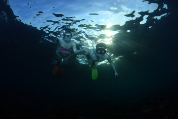 Diving and snorkeling in Bali.  Newlyweds, wedding, just married