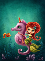 Cute mermaid with a seahorse © Elena Schweitzer
