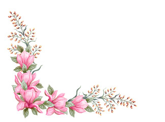 Hand drawn painting watercolor pencils and paints pink magnolia flowers isolated on white background