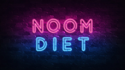 NOOM diet concept. Purple and Blue Neon SIGNBOARD on a dark brick wall. 3D ILLUSTRATION