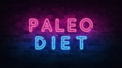 Paleo diet concept. Purple and Blue Neon SIGNBOARD on a dark brick wall. 3D ILLUSTRATION