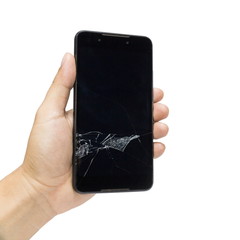 Man holding a Broken Smartphone and touch screen damage broken isolated on a white background.
