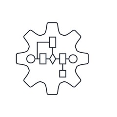 The frame of the algorithm on the background gears. Robotics technology. Vector linear icon.