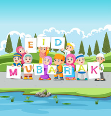 the children are holding the ied mubarak board  near the river