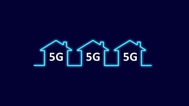 Video animation of a glowing light drawing a neon outline of houses with 5G written inside - 5G internet connection (with alpha channel/transparent background)