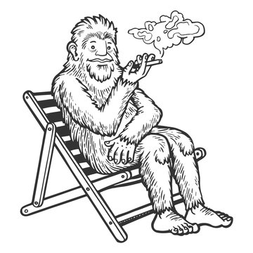 Snowman yeti animal smoking in beach chair sketch engraving vector illustration. Scratch board style imitation. Black and white hand drawn image.