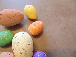 Vibrant Easter eggs. Cute eggs laying down on the kitchen surface.