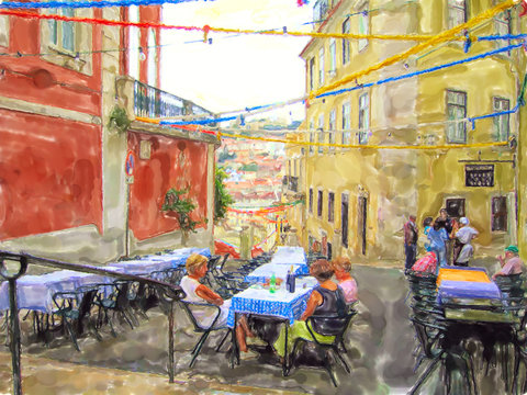 Illustration Of Lisbon Traditional Restaurant In Town District Names Chiado.