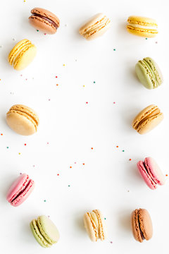 Sweet Dessert Frame With Macarons On White Background Flat Lay Mockup