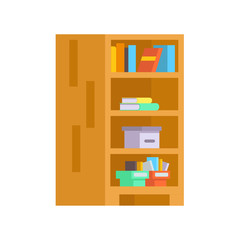 Wooden bookcase with different items on the shelves. Carton boxes and books. Vector illustration isolated on the white background. 