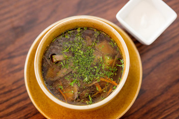Dinner soup: broth, chicken, vegetable, meat. Georgian cuisine.