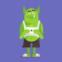 Internet troll concept. Vector illustration of big green orc. It holds a tablet in its hands. His fang sticks out. 