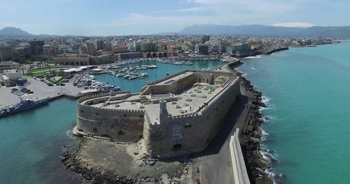 Aerial View Over The shot of the famous Venetian Koules Fortress in Heraklion, Crete, Greece