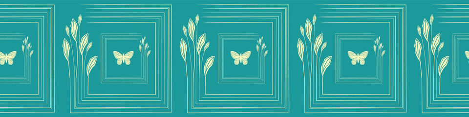 Hand drawn delicate citrus leaves and butterflies in tiled border design. Seamless vector pattern on turquoise background. Great for wedding, wellness, gift products, fabric, packaging, stationery