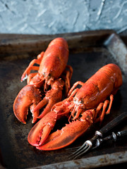 Seafood lobsters. Fresh beautiful large sea lobsters. Delicious lobster on a old table.