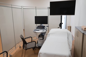 Fototapeta na wymiar Sonography corner, ultrasonic scanning computer - real center ready for use