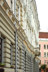 Chernivtsi, Ukraine. Europe.  Element of architecture. Building with balconies and windows.