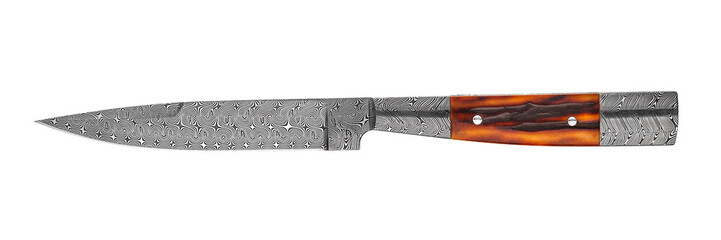 Damascus steel hunting knife with wooden handle isolated on white