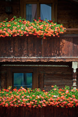 Fototapeta na wymiar Bild eines Balkons mit roten Pflanzen an einem alten brauen Holzhaus in Tirol