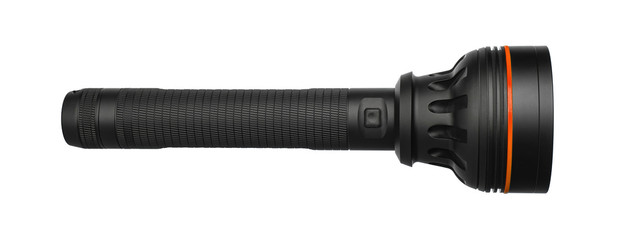 modern black flashlight isolated on white back