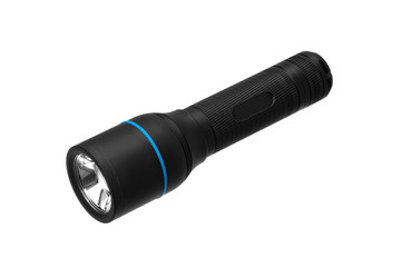 modern black metal flashlight isolated on white