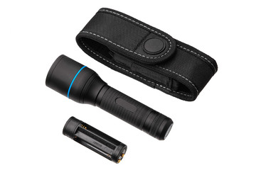 modern black metal flashlight isolated on white