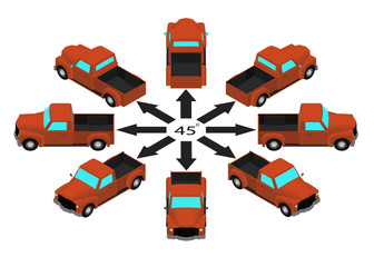 Rotation of the retro pickup truck by 45 degrees. Orange pickup in different angles in isometric.