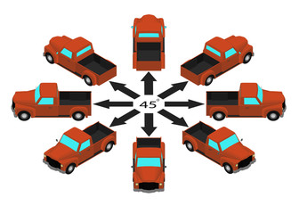 Rotation of the retro pickup truck by 45 degrees. Orange pickup in different angles in isometric. © moneymover