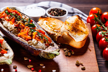 Stuffed aubergine with rice and vegetables