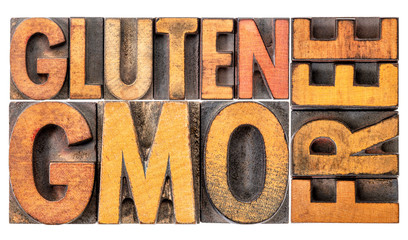 gluten and GMO free banner in wood type