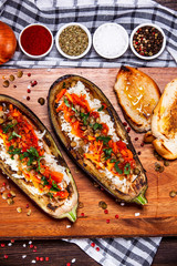 Stuffed aubergine with rice and vegetables