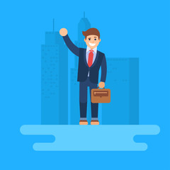 Businessman with a bag. The man waving his hand. The man standing on the background of the city. Flat vector illustration. Business infographics