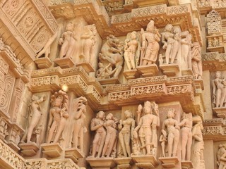 Fototapeta premium The frescoes are erotic inside the temples of the Western group including Visvanatha-Khajuraho, Madhya Pradesh, India, UNESCO heritage