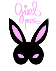 Girl power. Happy bunny bdsm mask. Woman slogan. Feminist word. Vector handdrawn design for poster, t shirt print, postcard, social media card, video blog cover. Feminism illustration.