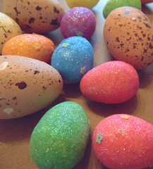 Vibrant Easter eggs. Cute eggs laying down on the kitchen surface.