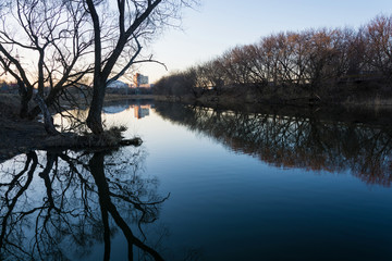 Beautiful cityscape with a small river and bare branches of trees.