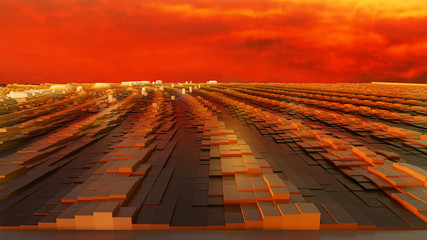 3D Würfel Gebäude Hintergrund Grafik der Himmel brennt