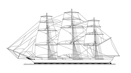 Technical illustration of an old frigate. Ship sketch, vector, black and white.