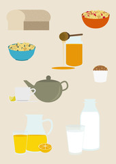 Breakfast set food and drinks. The collection includes bread, cereals, honey, tea, muffins, milk and orange juice. Flat style vector illustration.