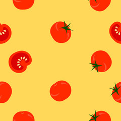 Vegetable pattern. Cherry tomatoes on a yellow background. Design for flyer, label, wallpaper, fabric.