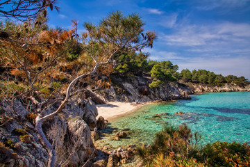 Fototapeta na wymiar Kavourotrypes or Orange is a small beaches in Sithonia, Chalkidiki, Greece