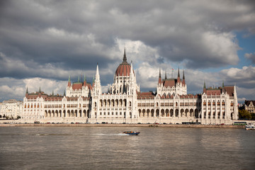BUDAPEST, HUNGARY - SEPTEMBER 22, 2017: The Hungarian Parliament buidings as viewed from the Buda side of the Danube River.
