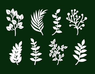 Laser cutting template of leaves, branches, grass. Openwork foliage of herbs isolated on green background. Vector silhouette of elements. Ecology art set for wood carving, paper cut, stamp for die cut