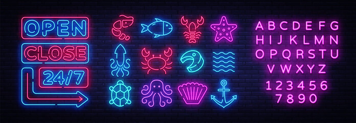 Seafood icons set. Seafood collection neon signs. Open Close Bright signboards, light banner. Neon isolated icon, emblem, design tremplate. Vector Illustration © Ivan