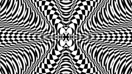 Black and white glitch background. Hypnotic trance texture. Op art monochrome kaleidoscope. Psychedelic illusive abstraction.